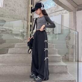 女童秋装甜酷少女蝴蝶结阔腿裤2026秋季新款中大童宽松显瘦休闲裤
