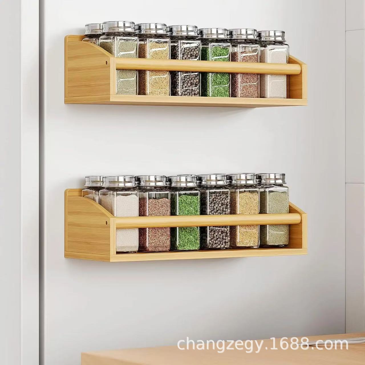 Wooden kitchen seasoning storage rack wall-mounted spice display rack solid wood bathroom toiletries storage rack