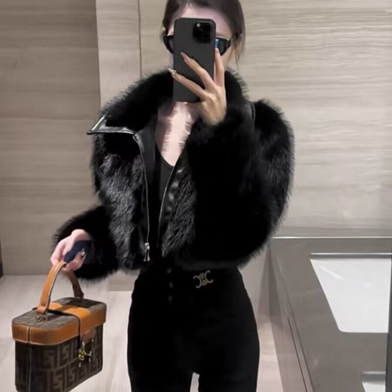 Autumn and Winter New Motorcycle Style Hot Girl Sweet Cool Short Fashion Top Women's Parquet Faux Fox Fur Eco-Friendly Fur Jacket