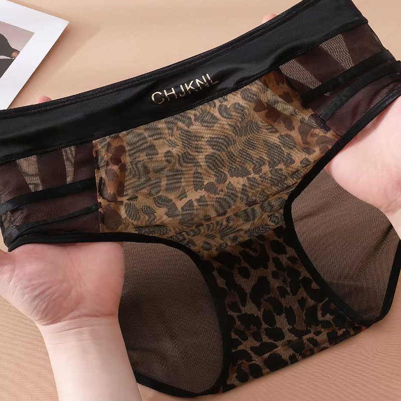 Leopard Print Mesh High Waist Underwear for Women Silky Sexy Lace Transparent Hot Briefs Bow Girls Underwear