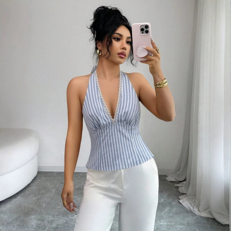 European and American Cross-Border Fashion for Women: Summer Stylish and Elegant Striped Backless Lace Patchwork Camisole, Suitable for Going Out and Dating European and American Cross-Border Fashion for Women: Summer Stylish and Elegant Striped Backless Lace Patchwork Camisole, Suitable for Going Out and Dating