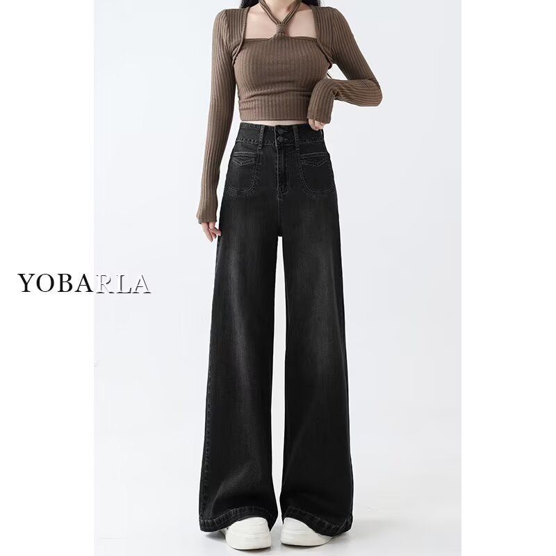 Black Straight-Leg Jeans for Women, Autumn New High-Waisted Plus-Size Loose Slimming Pear-Shaped Wide-Leg Pants