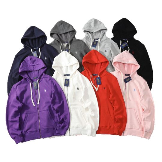 high quality Cross-border Foreign Trade Eight-color Ralph RL Fleece Embroidered Logo Hooded Zipper Jacket Sweatshirt for Men and Women