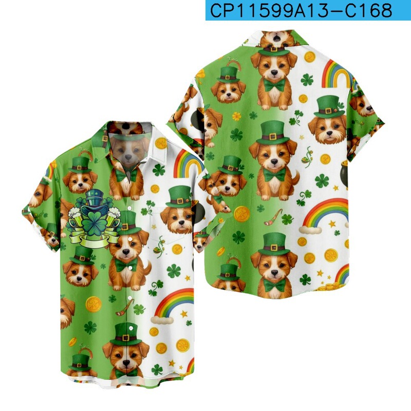 Shirt 2025 Lapel New Cardigan Summer Clover Short Sleeve Loose Men's Irish Festival St. Patrick's Day