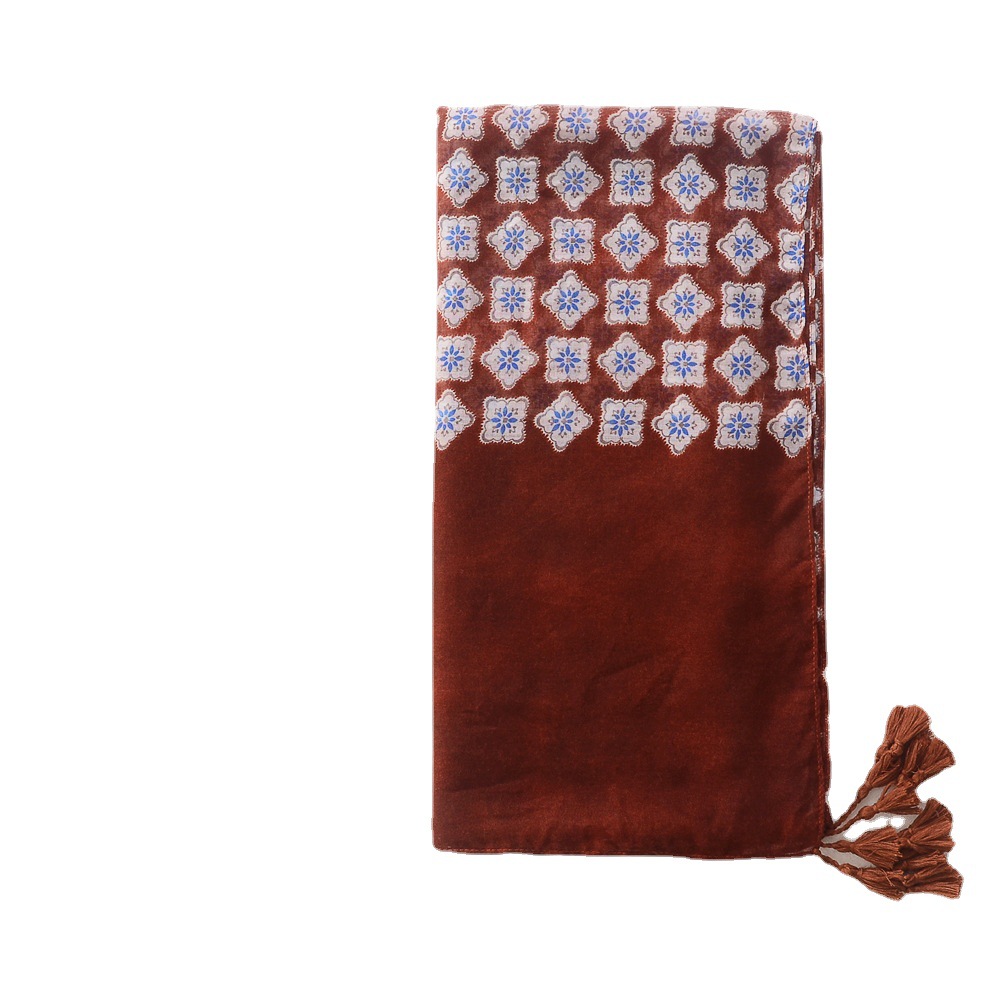 Japonés y coreano nuevo retro pequeño algodón floral y lino sentir bufanda borla bufanda de las mujeres viaje playa protección solar bufanda chal