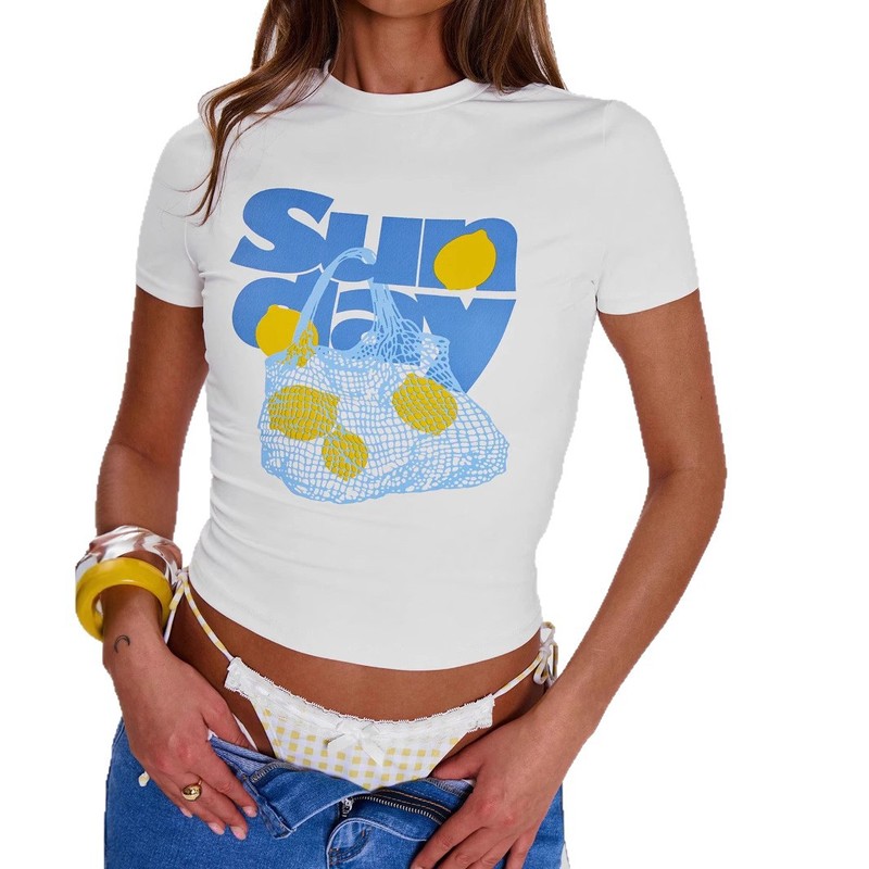 bsready アメリカンインレディース夏新デザインレタープリントタイトフィットホットガールへそ丸首半袖Tシャツ|undefined