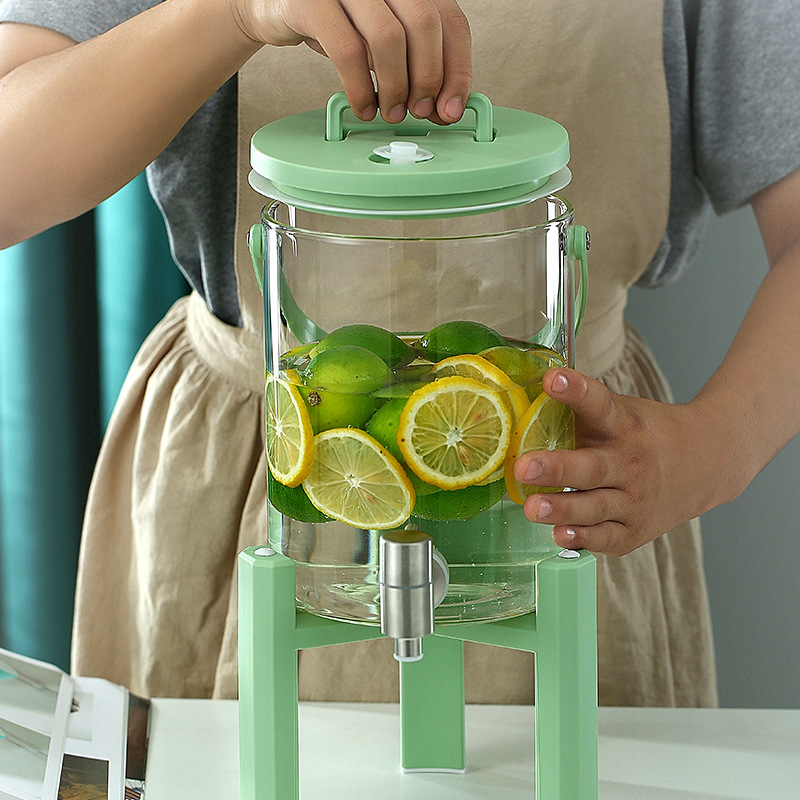 Cesta del refrigerador botella de agua fría con grifo vidrio gran capacidad botella de agua fría hogar bebida enzima cubo sellado burbuja cubo de vino