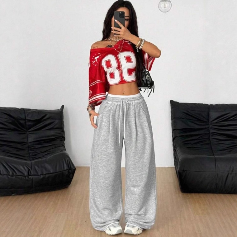Cuerdas transfronterizas cintura elástica gris pantalones de pierna ancha para mujeres primavera y otoño cintura alta sensación vertical rectas sueltas pantalones casuales