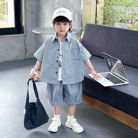 0462男童夏季套装2026新款儿童格子短袖衬衫短裤两件套小男孩衣服