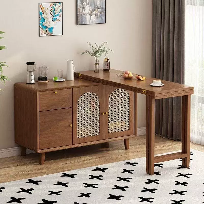 实木折叠餐桌餐边柜一体岛台吧台小户型家用靠墙储物柜可伸缩饭桌