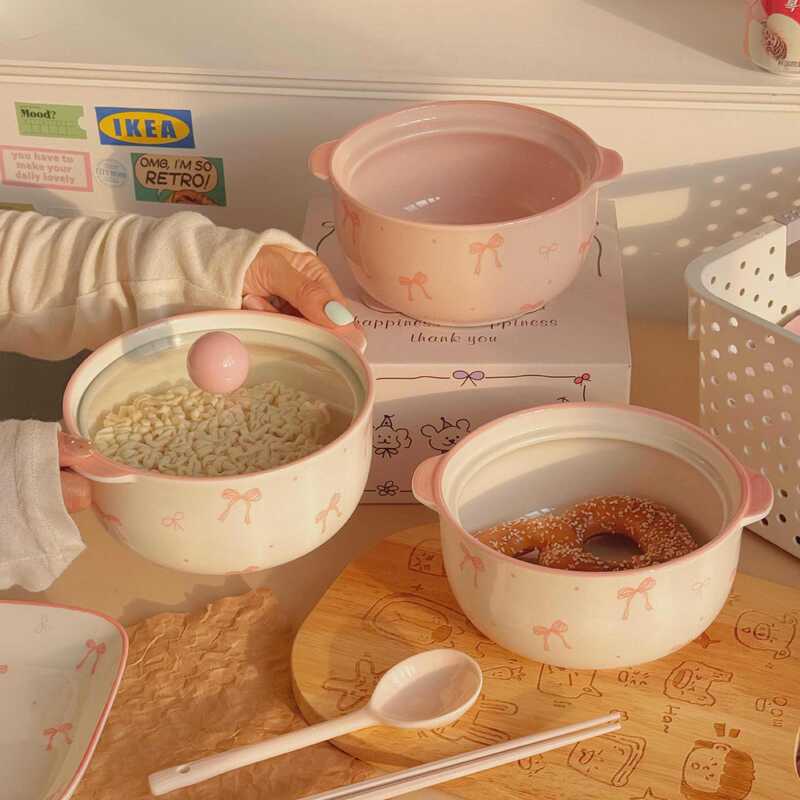 Bow-Knot Underglaze Color Instant Noodle Bowl Ceramic with Lid High-Value Thickened Household Student Dormitory Soup Bowl Snail Noodle Bowl