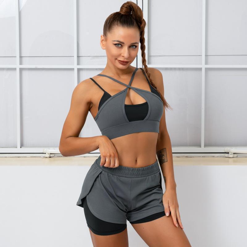 high waist hip-lifting high-elastic backless hit color bra and shorts yoga set NSNS131743