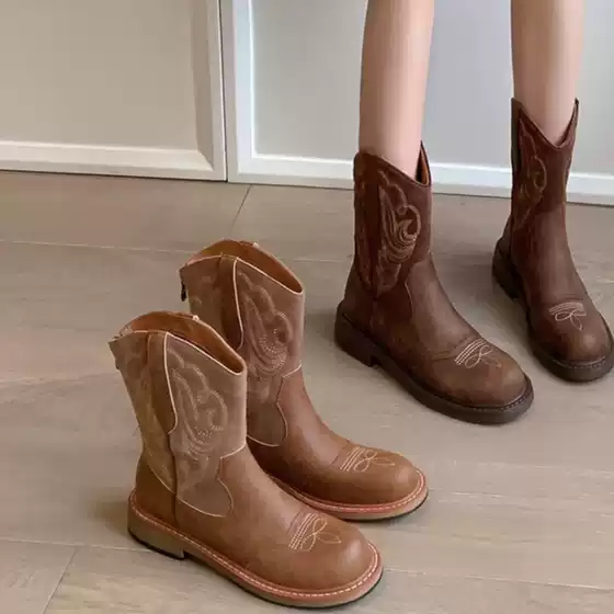Women's Maillard Brown Western Cowboy Boots Summer 2025 New Vintage Chunky Heel Martin Boots Knight Boots