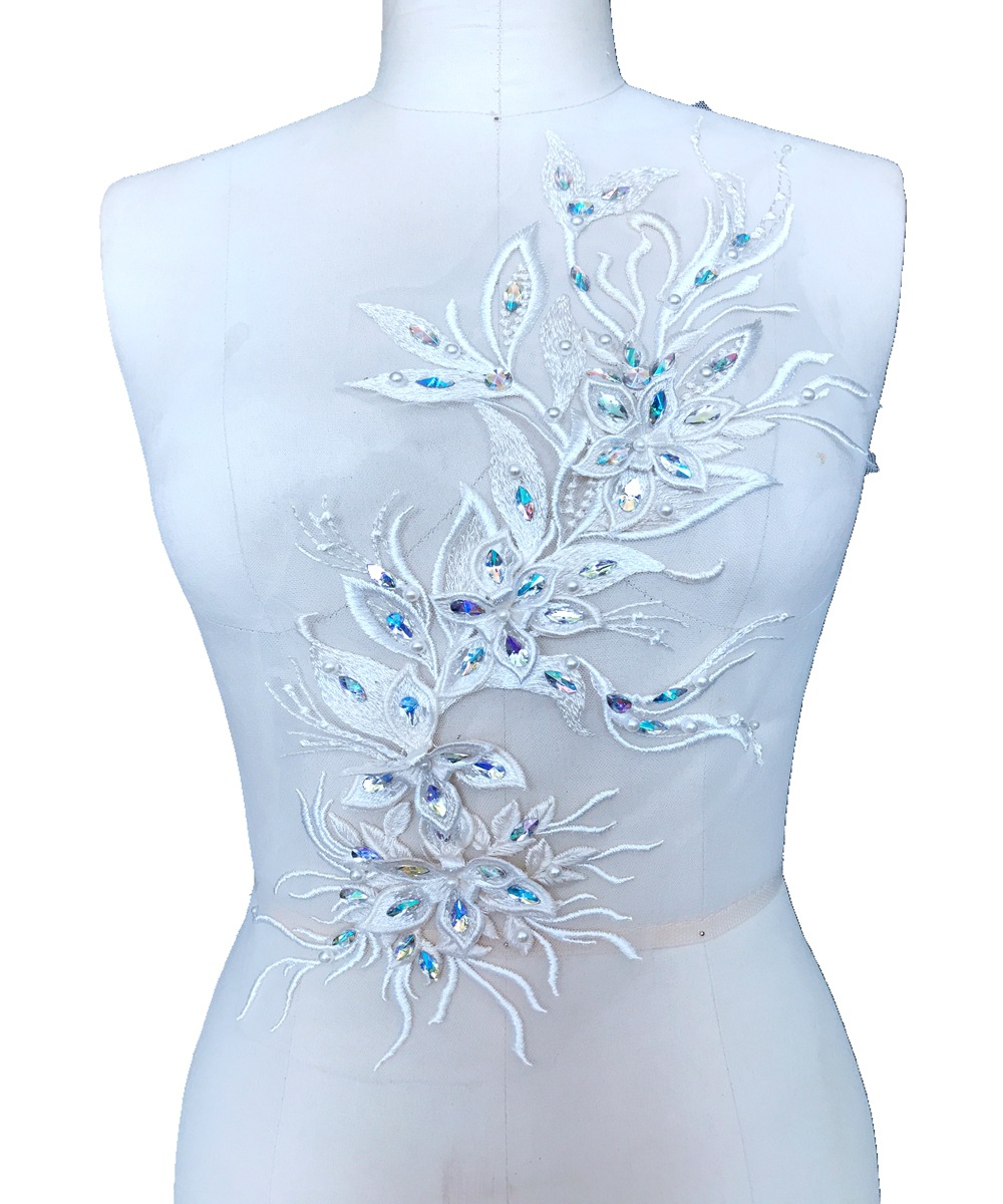 24#米黄色钉珠立体蕾丝花 婚纱礼服贴花花边辅料 服装diy配饰