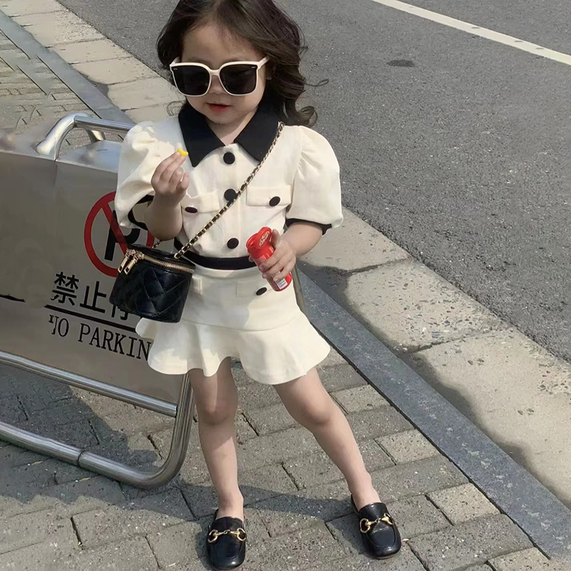 女童韩版裙套装夏季新款韩系时尚洋气小翻领短袖小香风运动两件套