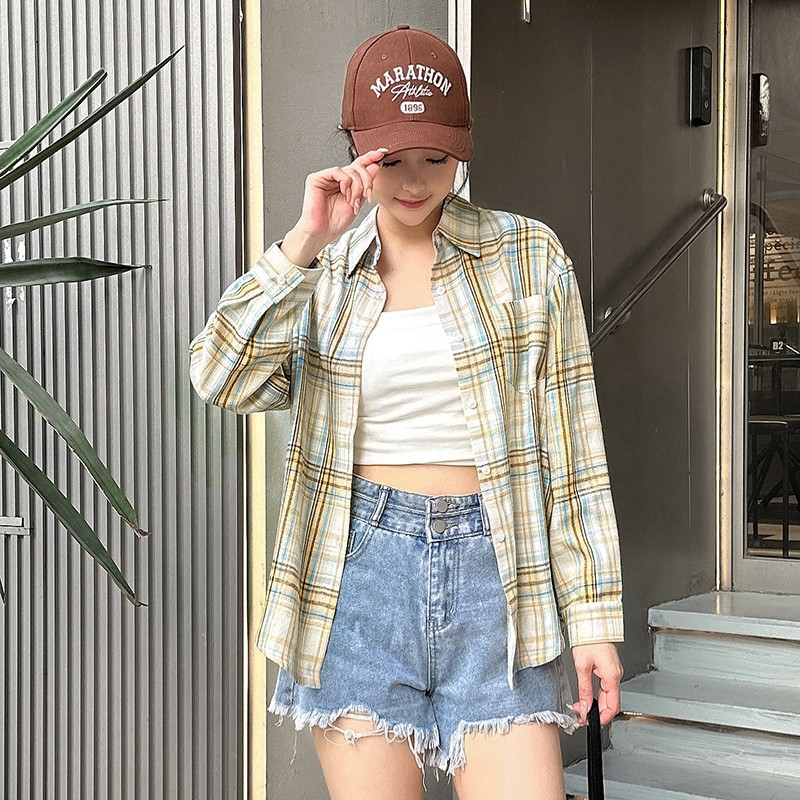 复古英伦风绿色格子衬衫外套女春秋季休闲百搭宽松中长款叠穿衬衣