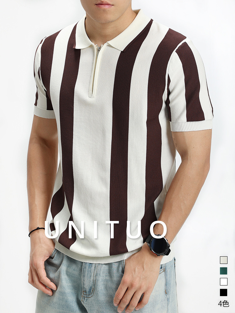 Camisas de polo de hielo de estilo antiguo, cuello de paleta de hombre, rayas de manga corta, Europa y Estados Unidos, retro transfronterizos, camisas de hombre de alta calidad