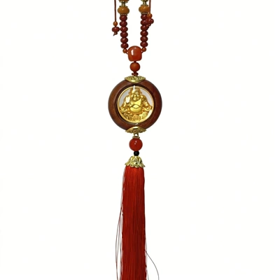 New Car Interior Decoration Pendant Made of Rosewood with Double-Sided Crystal for Office, Living Room, and Car Decoration (Car hanging) - maitreya-buddha-red-tassel-style