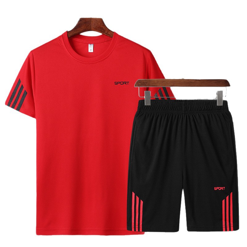 Trajes deportivos para hombres, hielo, correr, secado rápido, ropa de hombre, pantalones cortos de mangas cortas con una hermosa malla, un conjunto completo de ropa de verano.