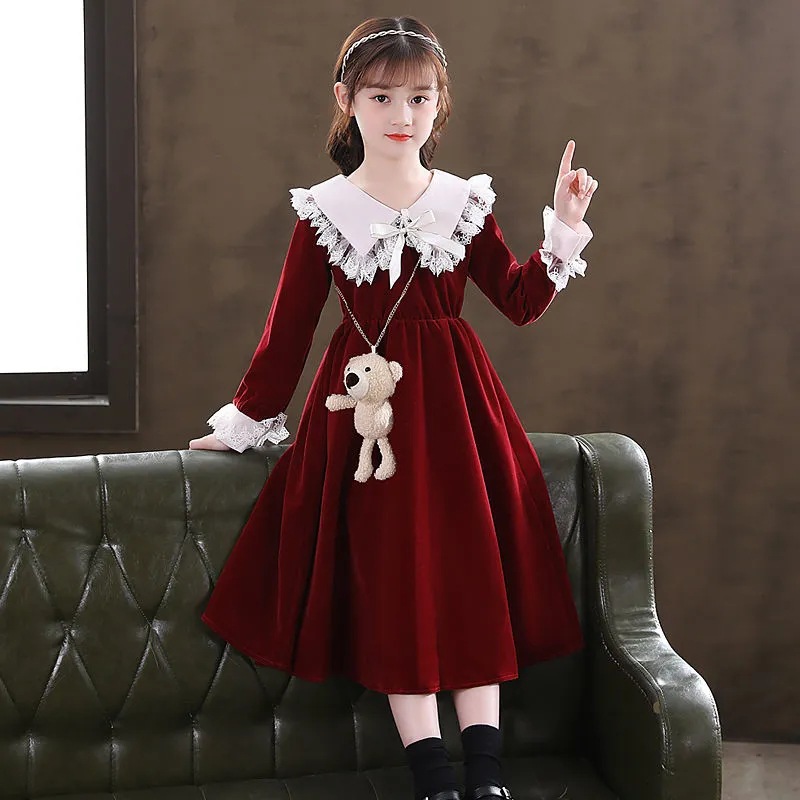 Vestido para niños vestido de Primavera de manga larga ropa para niños nuevo vestido de princesa occidental rojo en línea vestido de niña de longitud media