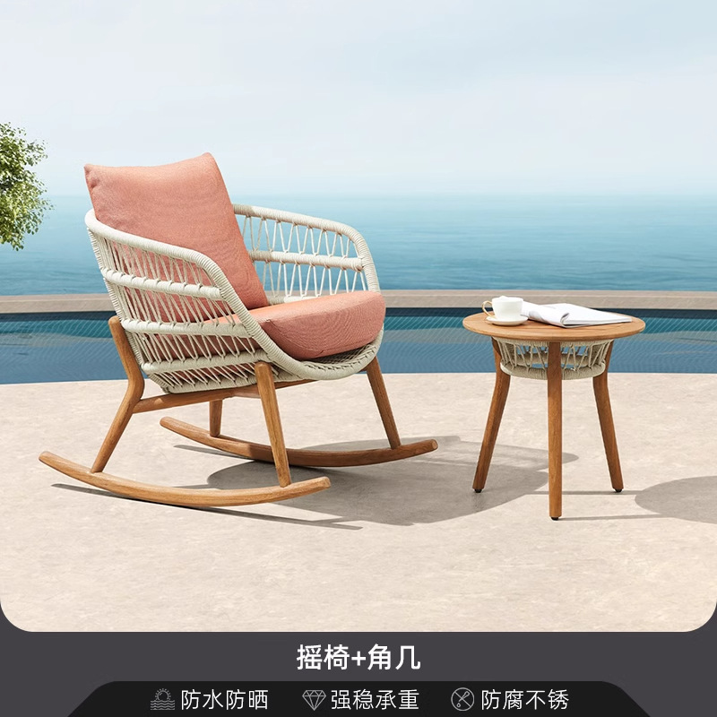 Sofá de patio impermeable al aire libre teca caña sofá jardín al aire libre residencial ocio simple combinación de madera sólida