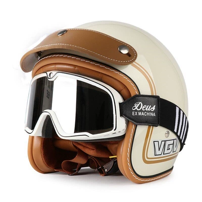 Motosiklet dəbilqələri – Electric Scooter Half Helmet Summer - m-milky-white-gold-rim-brown-leather-brim-black-and-white-striped-goggles-free-brim-face-towel