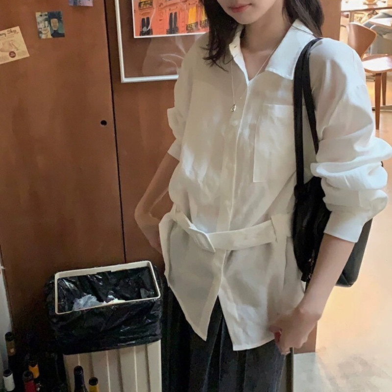 気質ウエスト韓国デザインシャツ春夏ゆったりスリムカジュアルレディーストップスベルト付き|undefined