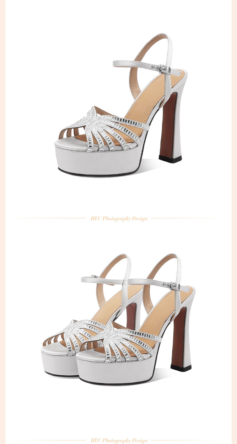 Sandal cao gót nữ hở mũi đính đá, gót vuông platform, da thật — Champagne màu chi tiết 13