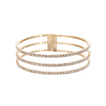 3排平行水钻立体式钢丝弹力手镯 跨境欧美新娘婚礼婚纱百搭手饰