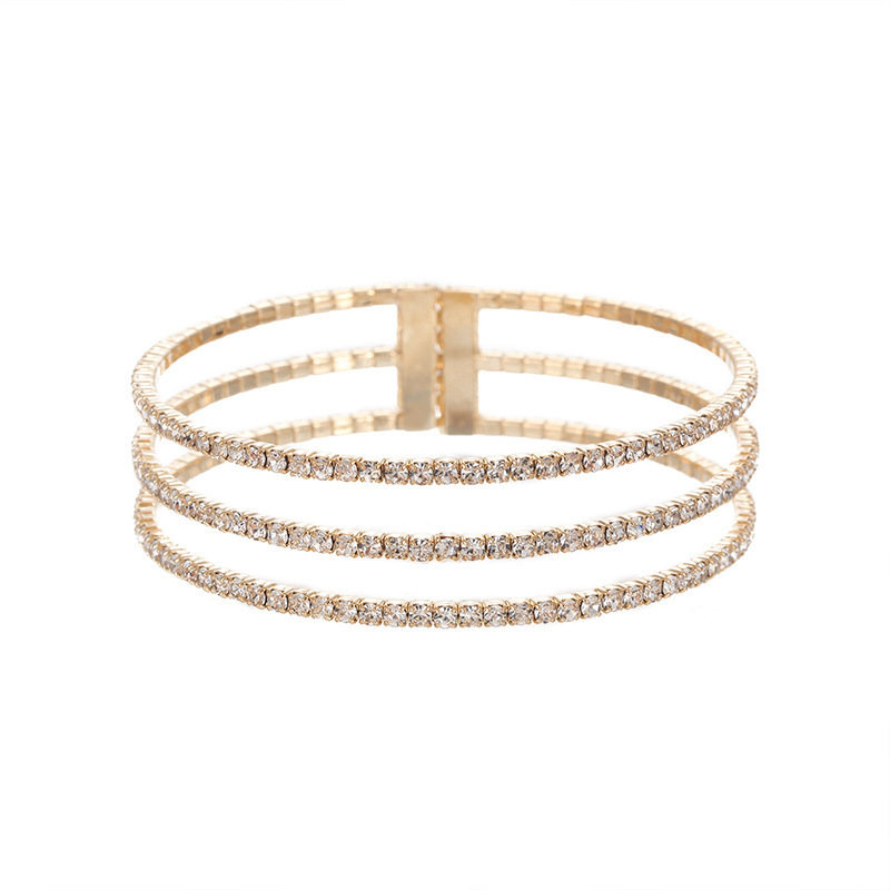 3排平行水钻立体式钢丝弹力手镯 跨境欧美新娘婚礼婚纱百搭手饰