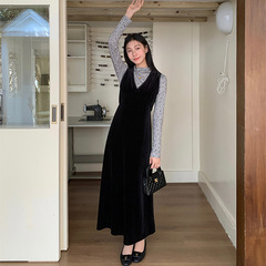 十三行2025秋新款气质波点长袖上衣女叠穿V领背心连衣裙套装潮