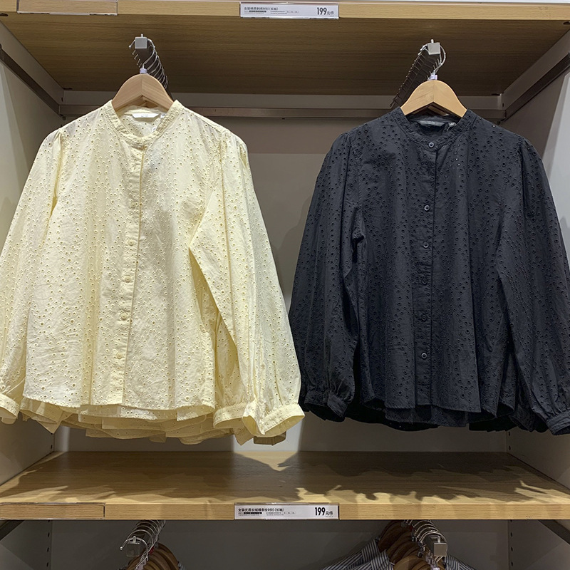 2024 Spring Long-Sleeved Cotton Mesh Hollow Embroidered Round Neck Pure Color Shirt Top 467205 Spring New Arrival