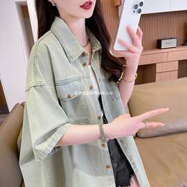 休闲百搭牛仔衬衫外套女2026年新款夏季宽松慵懒风中长款洋气外套