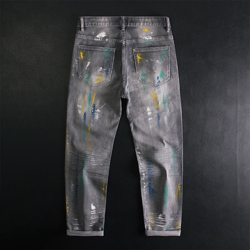 Men's Clothing Ripped, Patched, Graffiti Print Patchwork Jeans, Slim Fit, Stretch, Retro, Splatter Paint, Zipper, American High End Trendy Style._voghion.com