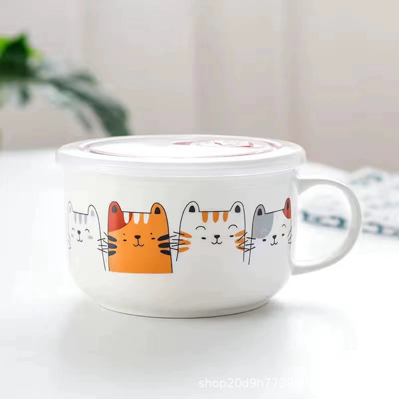 Microwave ceramic noodle bowl with lid and handle, 5.25″ and 6″, cute printed designs