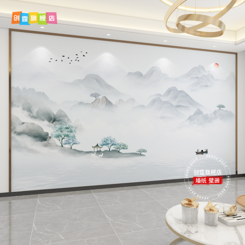 千里江山图电视背景墙壁布客厅新款中式壁纸3d立体壁画影视墙|undefined