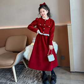 女童小香风套装裙秋冬季新款时髦洋气中大童红色新年服女孩两件套