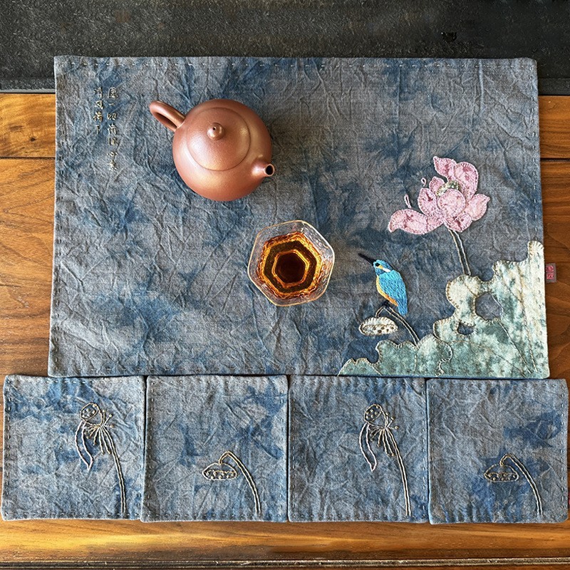 Bordado algodón y lino estera de té lu bordado zen hecho a mano diy paquete de material sala de estar absorbente traje de montaña estilo chino estera de té