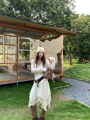 时尚套装蕾丝拼接V领针织开衫外套女秋季不规则半身裙a字裙两件套