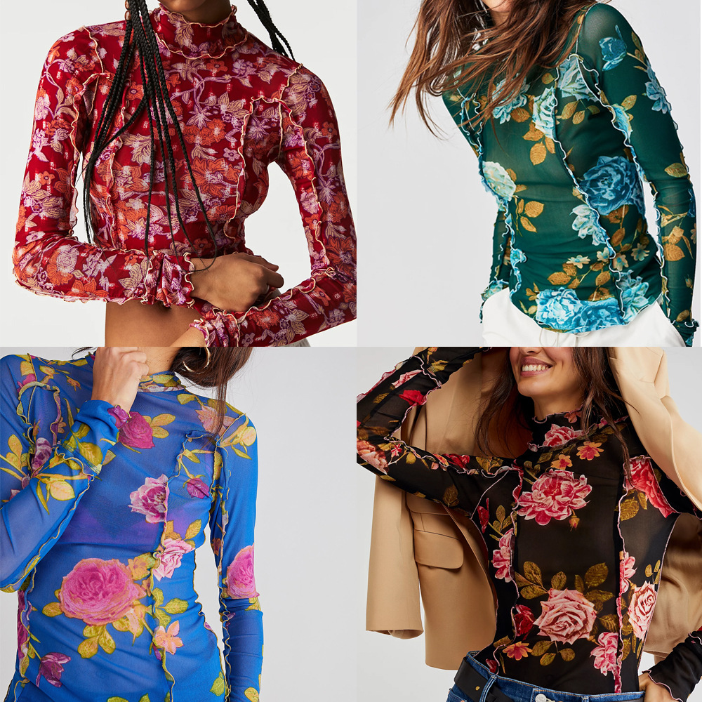 性感网纱打底衫新款 长袖修身欧美花朵印花高领透视秋冬上衣3694