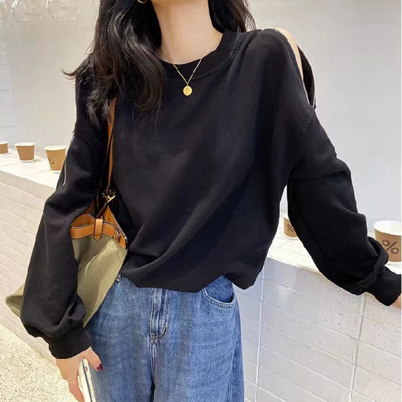 Sweatshirt jacket, Korean style demi-season, round collar with zip shoulder cut-out