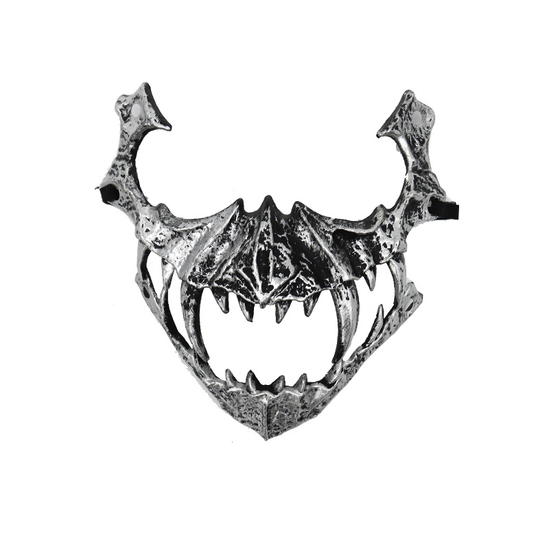 fiesta máscara de esqueleto dientes largos demonio esqueleto mitad cara máscara de lobo detrás máscara gigante disfraz de Halloween