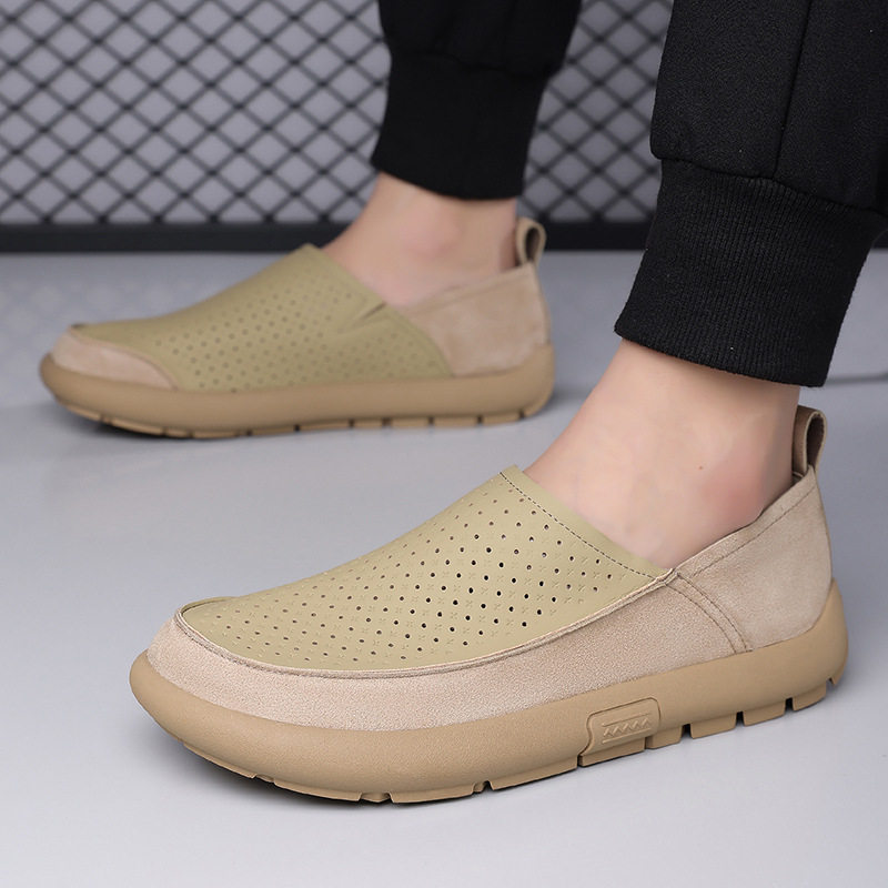 Giày lười nam đế hạt mũi tròn thoáng khí, thân mềm, gót thấp 1–3 cm — Màu be, Màu kaki