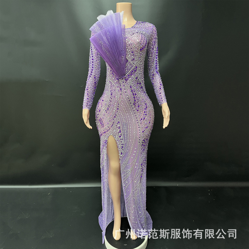 New Light Luxury Mesh Rhinestone Personalized Three-Dimensional Decorative Slit Long Skirt Banquet Catwalk Singer Beauty Pageant Slightly Fat Dress