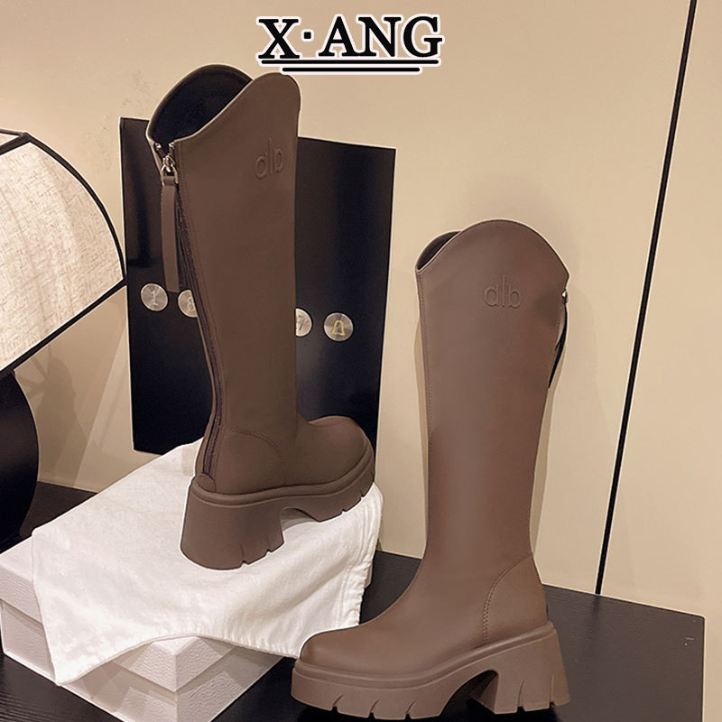 真皮棕色后拉链靴子女小个子厚底增高长靴不过膝高筒靴粗跟骑士靴|undefined