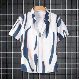 宽松半袖夏季条纹短袖短袖衬衫男寸衫衬衣男士休闲大码潮流图片色