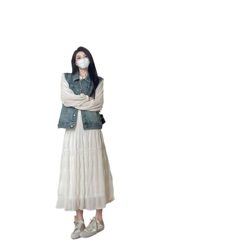 秋季穿搭一整套温柔风小香风牛仔马甲两件式洋装韩版气质高级感|undefined