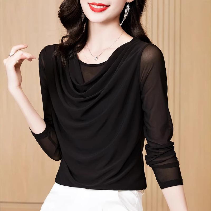 2023 Spring and Autumn New Arrival Black Mesh Base Shirt Women's Stylish Small Shirt T-Shirt Women's Lace Top