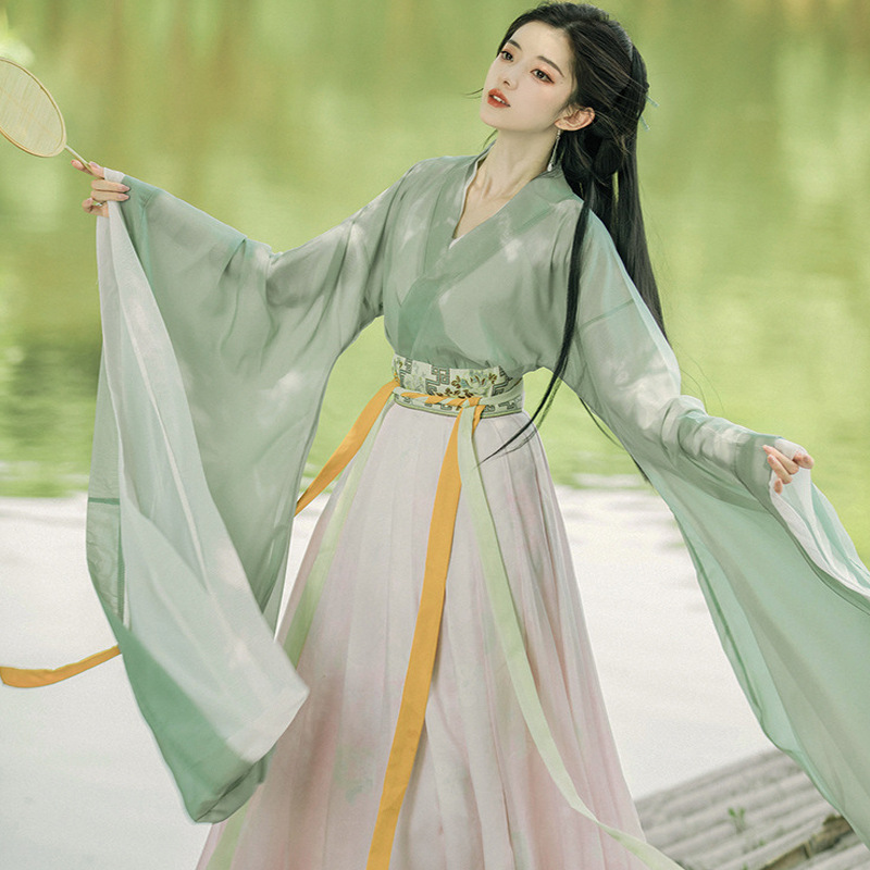 新款改良绿色汉服女古装交领襦裙广袖流仙裙超仙气飘逸魏晋风夏款