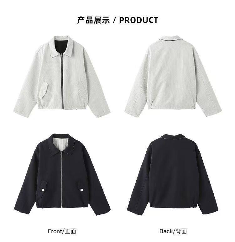 Áo khoác nữ ngắn dáng rộng cổ ve sọc hai mặt mặc được tay dài phong cách công sở — Khối màu ve áo, có thể đảo ngược chi tiết 2